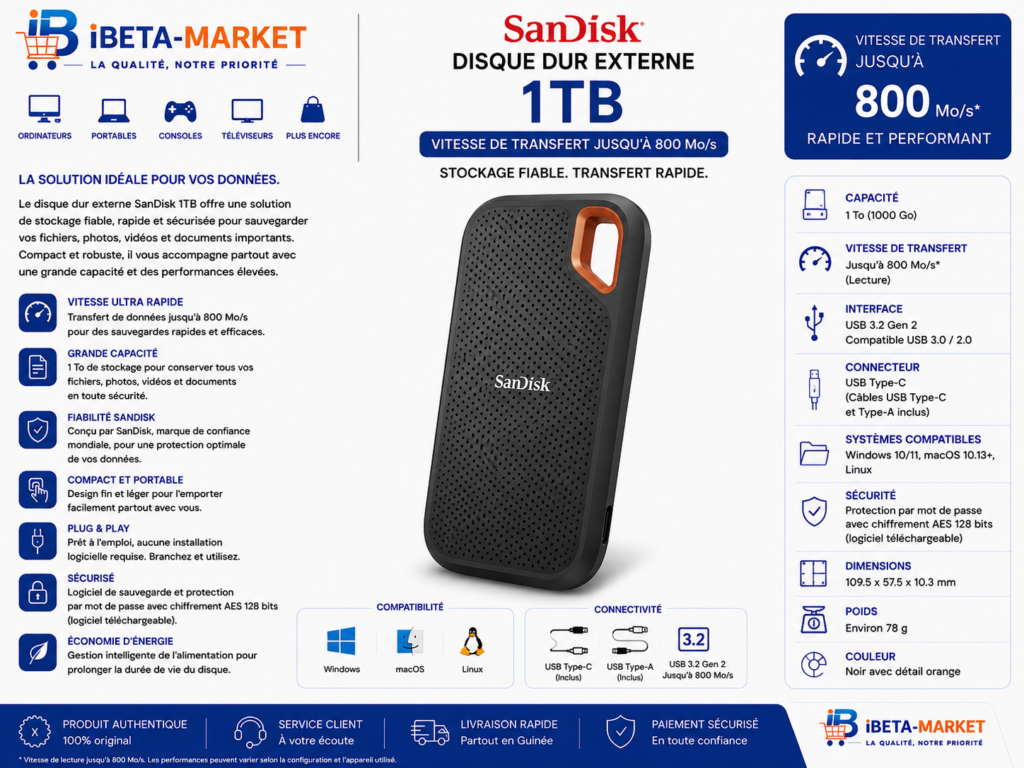 DISQUE DUR EXTERNE 1TB SSD 800MB